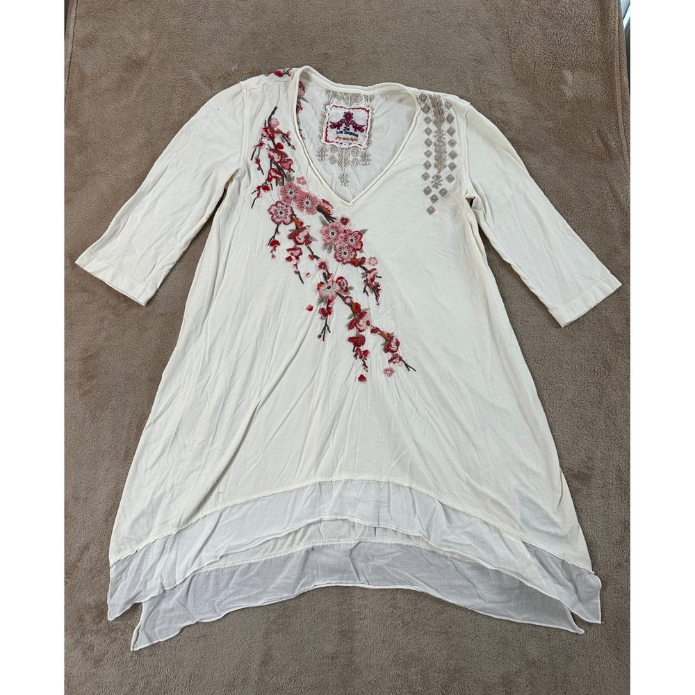 JW Los Angeles Johnny Was Womens S Cream Embroidered Floral Tunic Top V-Neck EUC